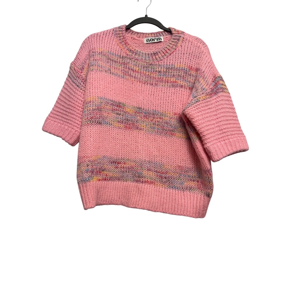 One Eleven North Small Pink‎ Space Dye Striped Short Sleeve Chunky Knit Sweater